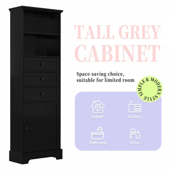 Black Tall Storage Cabinet with 3 Drawers and Adjustable Shelves for Bathroom, Study, Office and Interior, MDF Board with Painted Finish Black Tall Storage Cabinet with 3 Drawers and Adjustable Shelves for Bathroom, Study, Office and Interior, MDF Board with Painted Finish