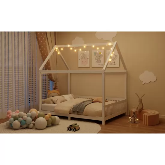 Wood Full Size House Bed with Guardrail and LED, White Wood Full Size House Bed with Guardrail and LED, White