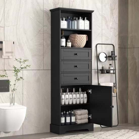 Black Tall Storage Cabinet with 3 Drawers and Adjustable Shelves for Bathroom, Study, Office and Interior, MDF Board with Painted Finish Black Tall Storage Cabinet with 3 Drawers and Adjustable Shelves for Bathroom, Study, Office and Interior, MDF Board with Painted Finish