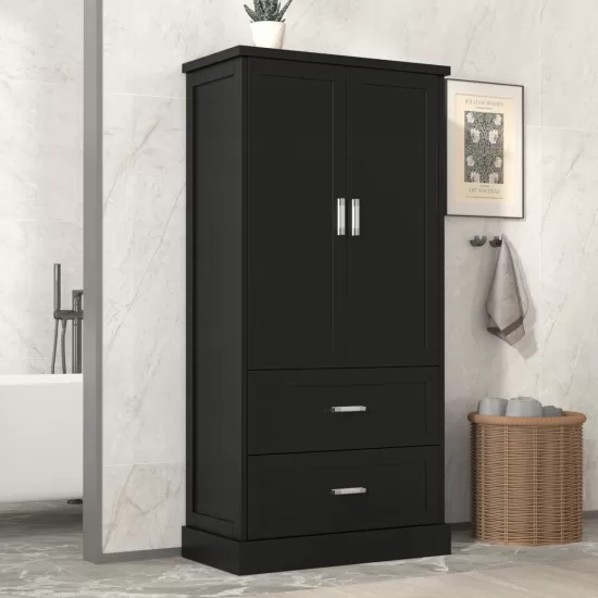 Tall Bathroom Storage Cabinet, Cabinet with Two Doors and Drawers, Adjustable Shelf, MDF Board, Black Tall Bathroom Storage Cabinet, Cabinet with Two Doors and Drawers, Adjustable Shelf, MDF Board, Black