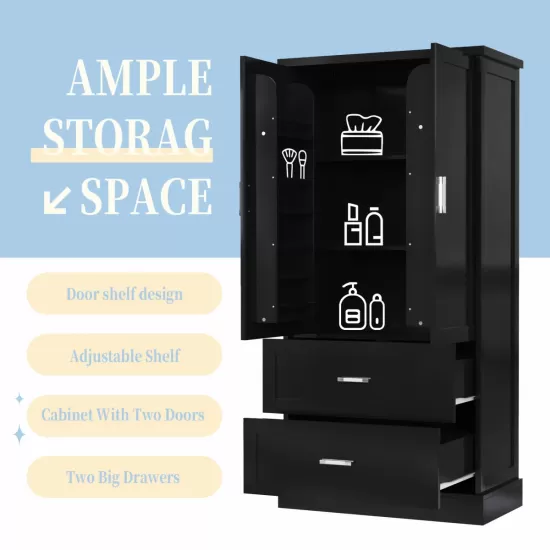 Tall Bathroom Storage Cabinet, Cabinet with Two Doors and Drawers, Adjustable Shelf, MDF Board, Black Tall Bathroom Storage Cabinet, Cabinet with Two Doors and Drawers, Adjustable Shelf, MDF Board, Black