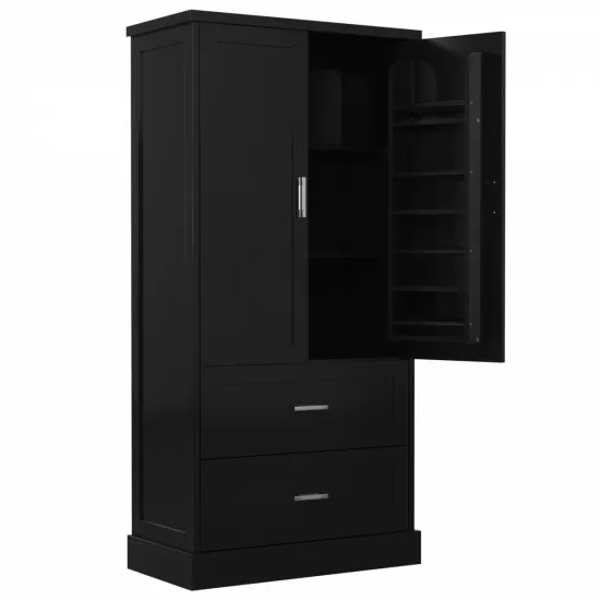 Tall Bathroom Storage Cabinet, Cabinet with Two Doors and Drawers, Adjustable Shelf, MDF Board, Black Tall Bathroom Storage Cabinet, Cabinet with Two Doors and Drawers, Adjustable Shelf, MDF Board, Black