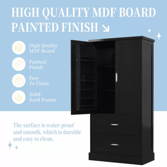 Tall Bathroom Storage Cabinet, Cabinet with Two Doors and Drawers, Adjustable Shelf, MDF Board, Black Tall Bathroom Storage Cabinet, Cabinet with Two Doors and Drawers, Adjustable Shelf, MDF Board, Black
