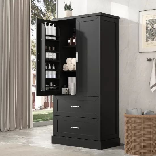 Tall Bathroom Storage Cabinet, Cabinet with Two Doors and Drawers, Adjustable Shelf, MDF Board, Black Tall Bathroom Storage Cabinet, Cabinet with Two Doors and Drawers, Adjustable Shelf, MDF Board, Black