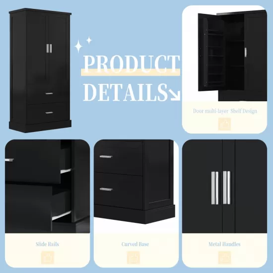 Tall Bathroom Storage Cabinet, Cabinet with Two Doors and Drawers, Adjustable Shelf, MDF Board, Black Tall Bathroom Storage Cabinet, Cabinet with Two Doors and Drawers, Adjustable Shelf, MDF Board, Black