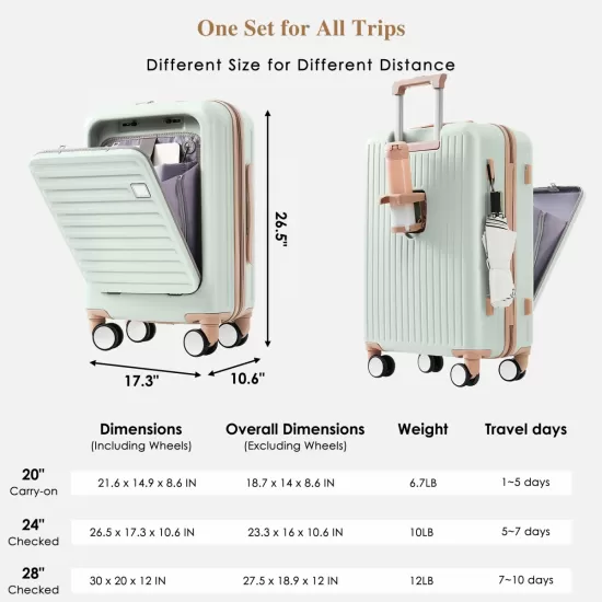 Luggage Set of 4 with USB Port, 20, 24inch with front opening design Airline Certified Carry on Luggage with Cup Holder, ABS Hard Shell Luggage with Expandable Travel Bag, grey green Luggage Set of 4 with USB Port, 20, 24inch with front opening design Airline Certified Carry on Luggage with Cup Holder, ABS Hard Shell Luggage with Expandable Travel Bag, grey green