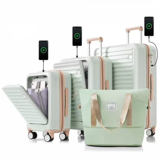 Luggage Set of 4 with USB Port, 20, 24inch with front opening design Airline Certified Carry on Luggage with Cup Holder, ABS Hard Shell Luggage with Expandable Travel Bag, grey green Luggage Set of 4 with USB Port, 20, 24inch with front opening design Airline Certified Carry on Luggage with Cup Holder, ABS Hard Shell Luggage with Expandable Travel Bag, grey green