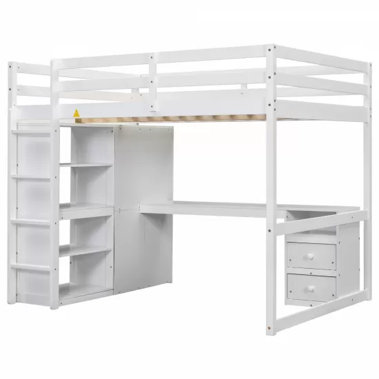 Wood Full Size Loft Bed with Built-in Wardrobe, Desk, Storage Shelves and Drawers, White Wood Full Size Loft Bed with Built-in Wardrobe, Desk, Storage Shelves and Drawers, White
