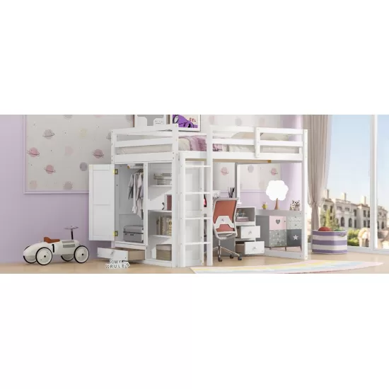 Wood Full Size Loft Bed with Built-in Wardrobe, Desk, Storage Shelves and Drawers, White Wood Full Size Loft Bed with Built-in Wardrobe, Desk, Storage Shelves and Drawers, White