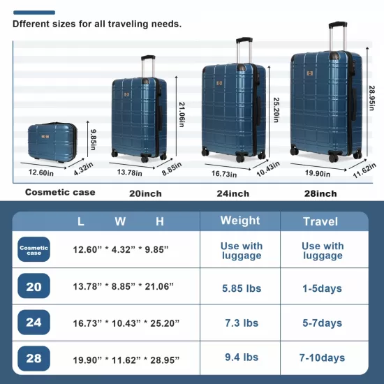 Luggage Sets ABS+PC Hardshell 4pcs Luggage Hardside Lightweight Durable Suitcase sets Spinner Wheels Suitcase with TSA Lock (12/20/24/28),Pearl Blue Luggage Sets ABS+PC Hardshell 4pcs Luggage Hardside Lightweight Durable Suitcase sets Spinner Wheels Suitcase with TSA Lock (12/20/24/28),Pearl Blue