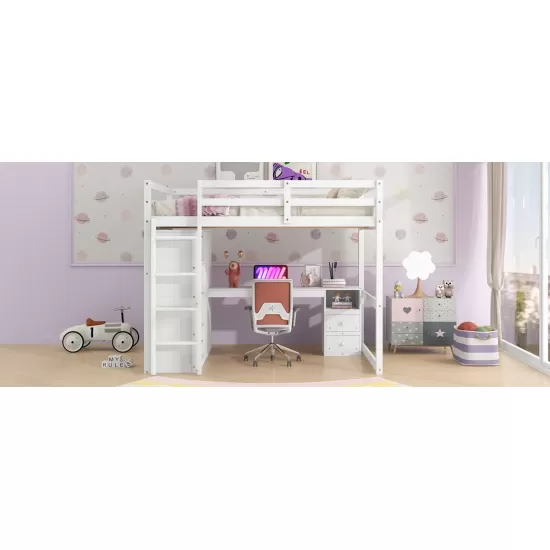 Wood Full Size Loft Bed with Built-in Wardrobe, Desk, Storage Shelves and Drawers, White Wood Full Size Loft Bed with Built-in Wardrobe, Desk, Storage Shelves and Drawers, White