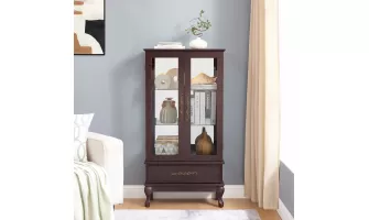  

Stylish Dark Cherry Curio Cabinet with Adjustable Glass Shelves and Built-In Lighting for Wine Display