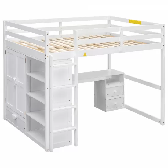 Wood Full Size Loft Bed with Built-in Wardrobe, Desk, Storage Shelves and Drawers, White Wood Full Size Loft Bed with Built-in Wardrobe, Desk, Storage Shelves and Drawers, White