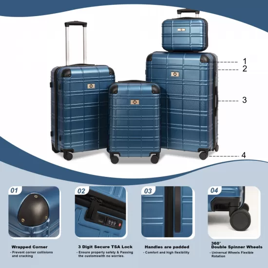 Luggage Sets ABS+PC Hardshell 4pcs Luggage Hardside Lightweight Durable Suitcase sets Spinner Wheels Suitcase with TSA Lock (12/20/24/28),Pearl Blue Luggage Sets ABS+PC Hardshell 4pcs Luggage Hardside Lightweight Durable Suitcase sets Spinner Wheels Suitcase with TSA Lock (12/20/24/28),Pearl Blue