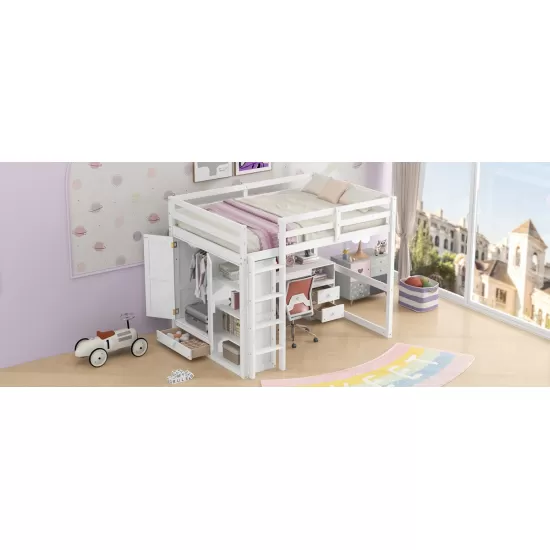 Wood Full Size Loft Bed with Built-in Wardrobe, Desk, Storage Shelves and Drawers, White Wood Full Size Loft Bed with Built-in Wardrobe, Desk, Storage Shelves and Drawers, White