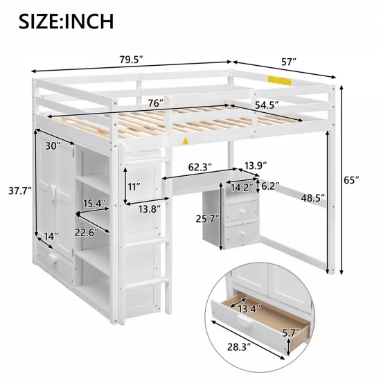 Wood Full Size Loft Bed with Built-in Wardrobe, Desk, Storage Shelves and Drawers, White Wood Full Size Loft Bed with Built-in Wardrobe, Desk, Storage Shelves and Drawers, White