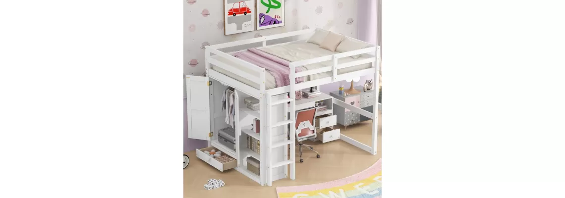 The Ultimate Space-Saving Solution: White Wood Full Size Loft Bed with Built-in Wardrobe, Desk, and Storage The Ultimate Space-Saving Solution: White Wood Full Size Loft Bed with Built-in Wardrobe, Desk, and Storage