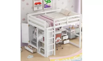 The Ultimate Space-Saving Solution: White Wood Full Size Loft Bed with Built-in Wardrobe, Desk, and Storage