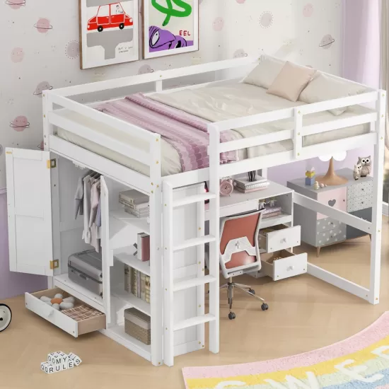 White Wood Full Size Loft Bed with Built-in Wardrobe