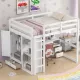 Wood Full Size Loft Bed with Built-in Wardrobe, Desk, Storage Shelves and Drawers, White Wood Full Size Loft Bed with Built-in Wardrobe, Desk, Storage Shelves and Drawers, White