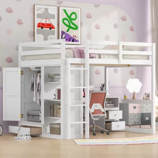Wood Full Size Loft Bed with Built-in Wardrobe, Desk, Storage Shelves and Drawers, White Wood Full Size Loft Bed with Built-in Wardrobe, Desk, Storage Shelves and Drawers, White