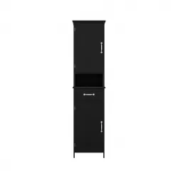 Double Door Narrow Height Slim Floor Standing Cabinet with 2 Adjustable Shelves-Black