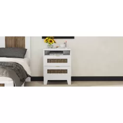 2-Drawer Farmhouse Wooden Nightstand with Wooden Strip Decoration and Metal Handle, Wood Side Table with Storage Cabinet for Bedroom, White 2-Drawer Farmhouse Wooden Nightstand with Wooden Strip Decoration and Metal Handle, Wood Side Table with Storage Cabinet for Bedroom, White