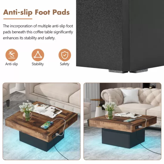 ON-TREND 31.4'' x 31.4'' Farmhouse Coffee Table with 2 USB Ports and Outlets, Brown Spliced Wood Grain Center Table with LED Light, Rustic Cocktail Table with Charging Station for Living Room, Black ON-TREND 31.4'' x 31.4'' Farmhouse Coffee Table with 2 USB Ports and Outlets, Brown Spliced Wood Grain Center Table with LED Light, Rustic Cocktail Table with Charging Station for Living Room, Black