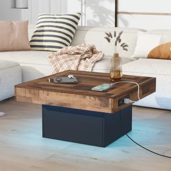 ON-TREND 31.4'' x 31.4'' Farmhouse Coffee Table with 2 USB Ports and Outlets, Brown Spliced Wood Grain Center Table with LED Light, Rustic Cocktail Table with Charging Station for Living Room, Black ON-TREND 31.4'' x 31.4'' Farmhouse Coffee Table with 2 USB Ports and Outlets, Brown Spliced Wood Grain Center Table with LED Light, Rustic Cocktail Table with Charging Station for Living Room, Black