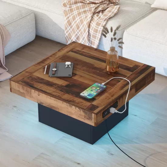 ON-TREND 31.4'' x 31.4'' Farmhouse Coffee Table with 2 USB Ports and Outlets, Brown Spliced Wood Grain Center Table with LED Light, Rustic Cocktail Table with Charging Station for Living Room, Black ON-TREND 31.4'' x 31.4'' Farmhouse Coffee Table with 2 USB Ports and Outlets, Brown Spliced Wood Grain Center Table with LED Light, Rustic Cocktail Table with Charging Station for Living Room, Black