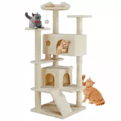 54in Cat tree, indoor cat high-rise multi-story tower, pet playroom with large apartment, beige 54in Cat tree, indoor cat high-rise multi-story tower, pet playroom with large apartment, beige