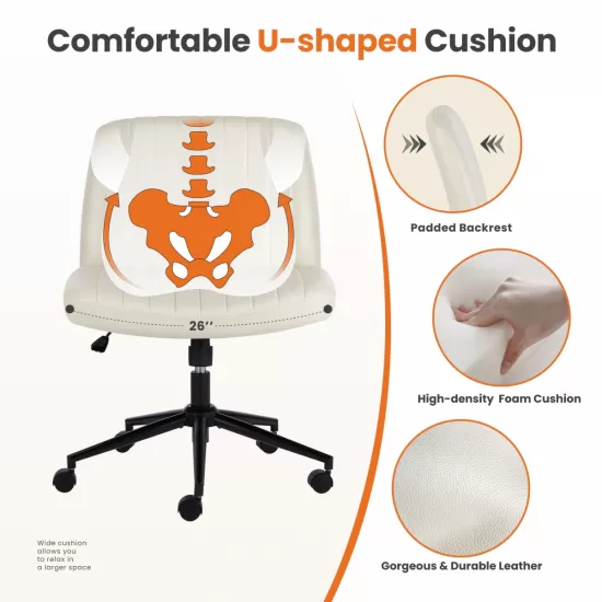 Office chair, backrest, armless office chair, adjustable swivel for comfortable home office, beige, Leather Office chair, backrest, armless office chair, adjustable swivel for comfortable home office, beige, Leather