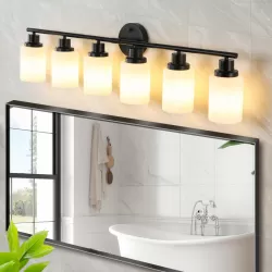 Modern 6-Light Vanity Bathroom Mirror Light, Frosted White Glass with Black Iron Frame, Contemporary Wall Sconce for Bedroom, Bathroom, And Dressing Room (No Bulbs) Modern 6-Light Vanity Bathroom Mirror Light, Frosted White Glass with Black Iron Frame, Contemporary Wall Sconce for Bedroom, Bathroom, And Dressing Room (No Bulbs)