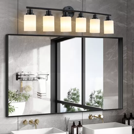 Modern 6-Light Vanity Bathroom Mirror Light, Frosted White Glass with Black Iron Frame, Contemporary Wall Sconce for Bedroom, Bathroom, And Dressing Room (No Bulbs) Modern 6-Light Vanity Bathroom Mirror Light, Frosted White Glass with Black Iron Frame, Contemporary Wall Sconce for Bedroom, Bathroom, And Dressing Room (No Bulbs)