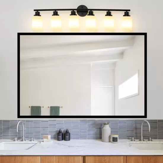 Modern 6-Light Vanity Bathroom Mirror Light, Frosted White Glass with Black Iron Frame, Contemporary Wall Sconce for Bedroom, Bathroom, And Dressing Room (No Bulbs) Modern 6-Light Vanity Bathroom Mirror Light, Frosted White Glass with Black Iron Frame, Contemporary Wall Sconce for Bedroom, Bathroom, And Dressing Room (No Bulbs)