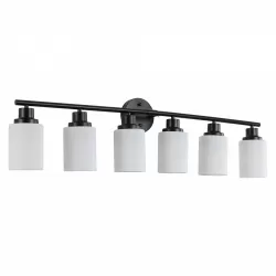 Modern 6-Light Vanity Bathroom Mirror Light, Frosted White Glass with Black Iron Frame, Contemporary Wall Sconce for Bedroom, Bathroom, And Dressing Room (No Bulbs) Modern 6-Light Vanity Bathroom Mirror Light, Frosted White Glass with Black Iron Frame, Contemporary Wall Sconce for Bedroom, Bathroom, And Dressing Room (No Bulbs)