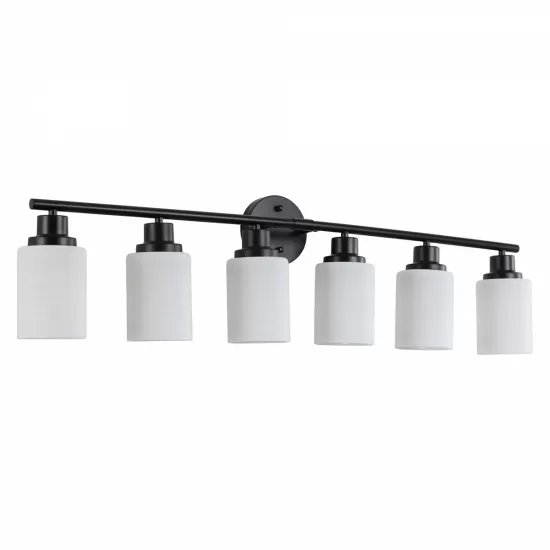 Modern 6-Light Vanity Bathroom Mirror Light, Frosted White Glass with Black Iron Frame, Contemporary Wall Sconce for Bedroom, Bathroom, And Dressing Room (No Bulbs) Modern 6-Light Vanity Bathroom Mirror Light, Frosted White Glass with Black Iron Frame, Contemporary Wall Sconce for Bedroom, Bathroom, And Dressing Room (No Bulbs)