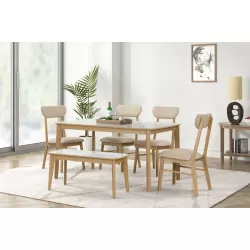 6-piece Dining Table Set, One Table One Bench and Four Chairs, High Gloss White Tabletop With Light Oak Color 6-piece Dining Table Set, One Table One Bench and Four Chairs, High Gloss White Tabletop With Light Oak Color