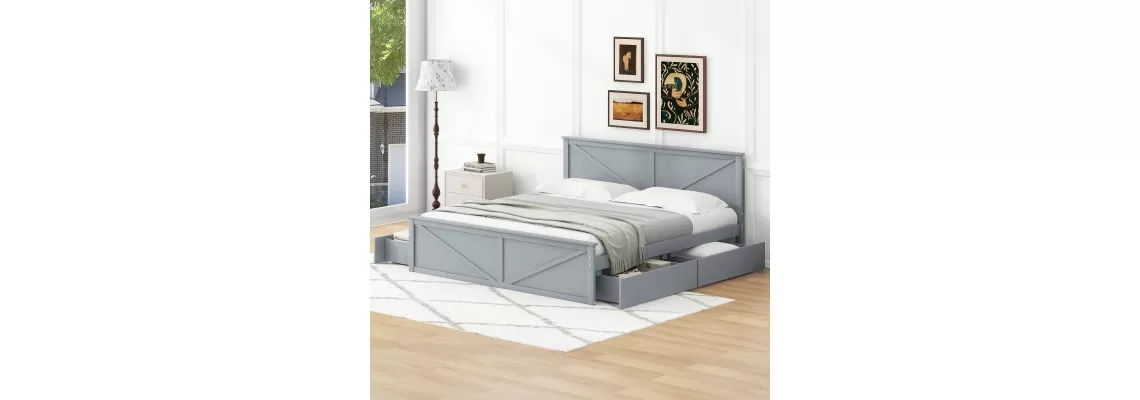 King Size Wooden Platform Bed with Storage Drawers: Stylish and Functional Gray Bedroom Solution