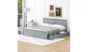 King Size Wooden Platform Bed with Storage Drawers: Stylish and Functional Gray Bedroom Solution