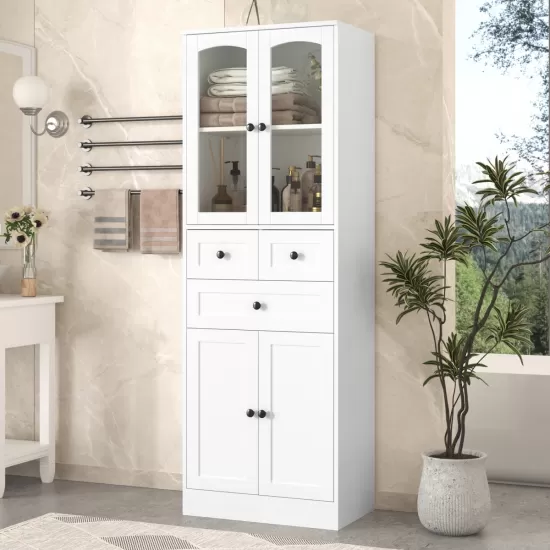 Tall Bathroom Storage Cabinet, Cabinet with Four Doors and Drawers, Adjustable Shelf, MDF Board, White Tall Bathroom Storage Cabinet, Cabinet with Four Doors and Drawers, Adjustable Shelf, MDF Board, White