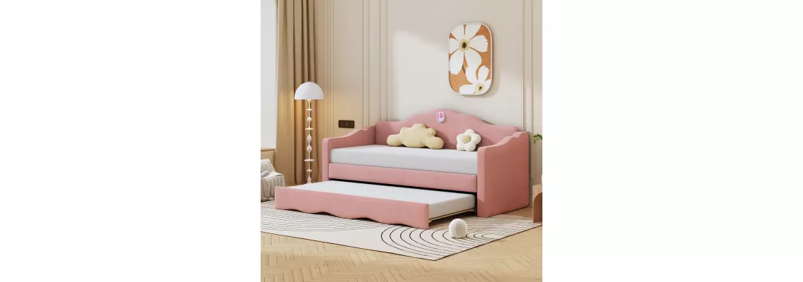 Twin Size Pink Upholstered Daybed with Wave-shaped Trundle for $331.51 Twin Size Pink Upholstered Daybed with Wave-shaped Trundle for $331.51