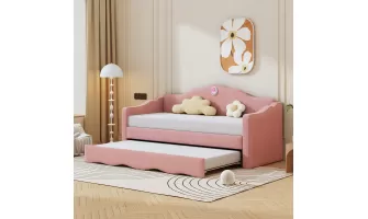 Twin Size Pink Upholstered Daybed with Wave-shaped Trundle for $331.51