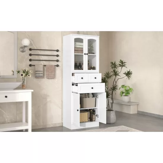 Tall Bathroom Storage Cabinet, Cabinet with Four Doors and Drawers, Adjustable Shelf, MDF Board, White Tall Bathroom Storage Cabinet, Cabinet with Four Doors and Drawers, Adjustable Shelf, MDF Board, White