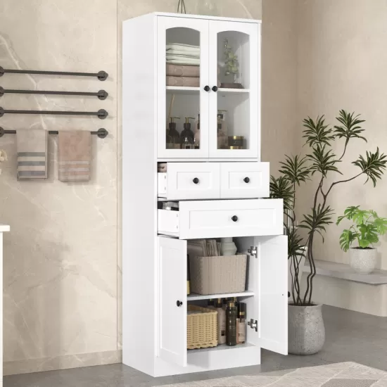 Tall Bathroom Storage Cabinet, Cabinet with Four Doors and Drawers, Adjustable Shelf, MDF Board, White Tall Bathroom Storage Cabinet, Cabinet with Four Doors and Drawers, Adjustable Shelf, MDF Board, White
