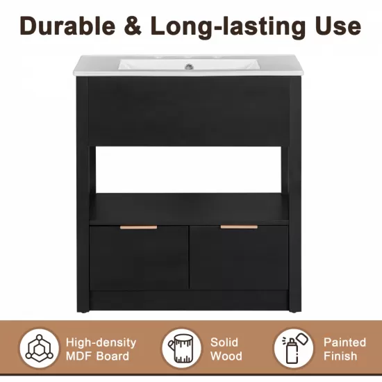 30 Inch Bathroom Vanity with Sink Top, Bathroom Cabinet with Open Storage Shelf and Two Drawers, One Package, Black (Old Sku:WF311619AAP) 30 Inch Bathroom Vanity with Sink Top, Bathroom Cabinet with Open Storage Shelf and Two Drawers, One Package, Black (Old Sku:WF311619AAP)