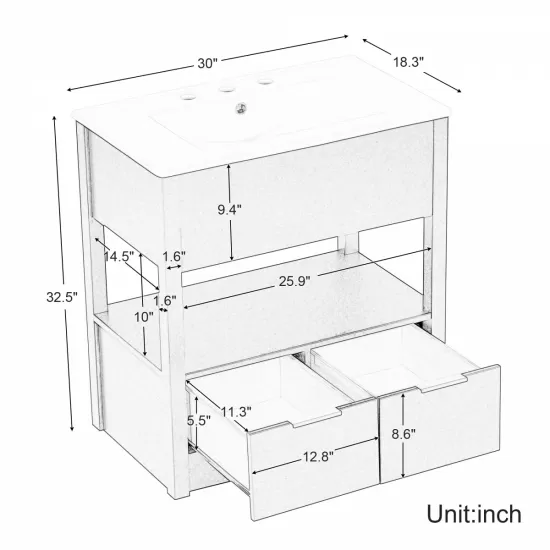 30 Inch Bathroom Vanity with Sink Top, Bathroom Cabinet with Open Storage Shelf and Two Drawers, One Package, Black (Old Sku:WF311619AAP) 30 Inch Bathroom Vanity with Sink Top, Bathroom Cabinet with Open Storage Shelf and Two Drawers, One Package, Black (Old Sku:WF311619AAP)