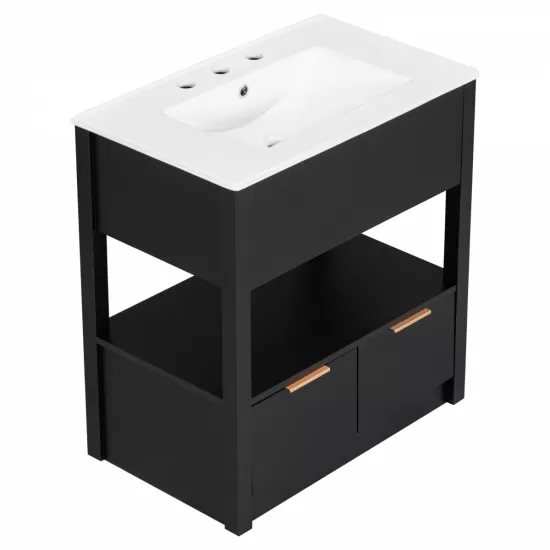 30 Inch Bathroom Vanity with Sink Top, Bathroom Cabinet with Open Storage Shelf and Two Drawers, One Package, Black (Old Sku:WF311619AAP) 30 Inch Bathroom Vanity with Sink Top, Bathroom Cabinet with Open Storage Shelf and Two Drawers, One Package, Black (Old Sku:WF311619AAP)