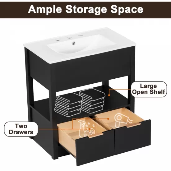 30 Inch Bathroom Vanity with Sink Top, Bathroom Cabinet with Open Storage Shelf and Two Drawers, One Package, Black (Old Sku:WF311619AAP) 30 Inch Bathroom Vanity with Sink Top, Bathroom Cabinet with Open Storage Shelf and Two Drawers, One Package, Black (Old Sku:WF311619AAP)