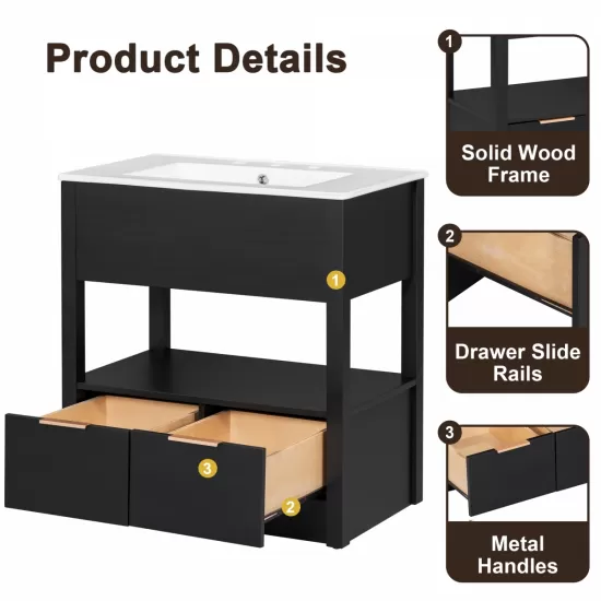30 Inch Bathroom Vanity with Sink Top, Bathroom Cabinet with Open Storage Shelf and Two Drawers, One Package, Black (Old Sku:WF311619AAP) 30 Inch Bathroom Vanity with Sink Top, Bathroom Cabinet with Open Storage Shelf and Two Drawers, One Package, Black (Old Sku:WF311619AAP)